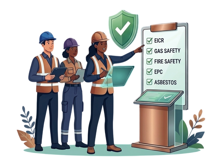 Landlord safety engineers with an EICR, gas safety, fire safety, EPC and asbestos certificate checklist for a London rental property